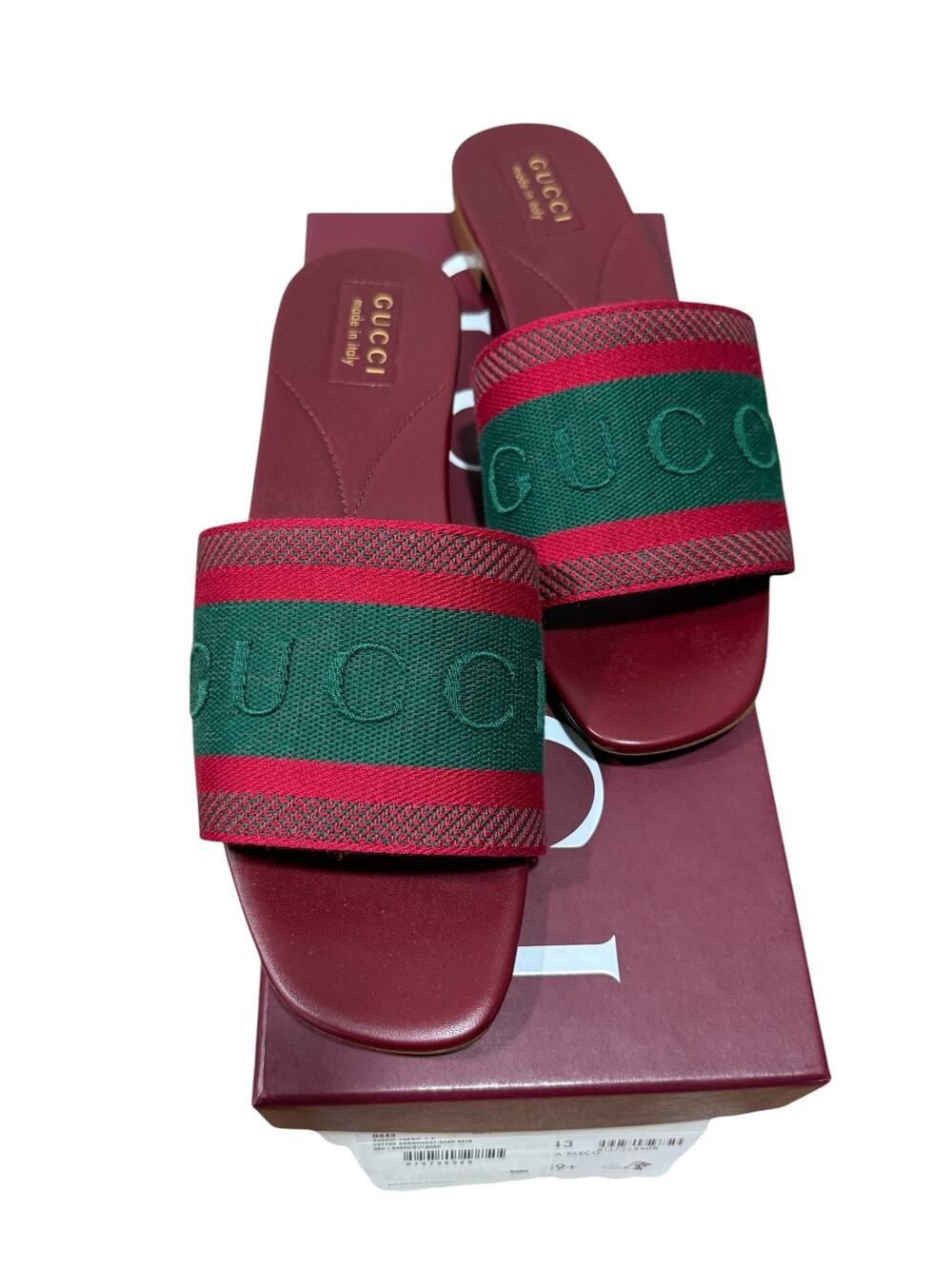 Gucci Logo Web Slide Sandals Burgundy Green Red Canvas Leather NIB EU 39.5